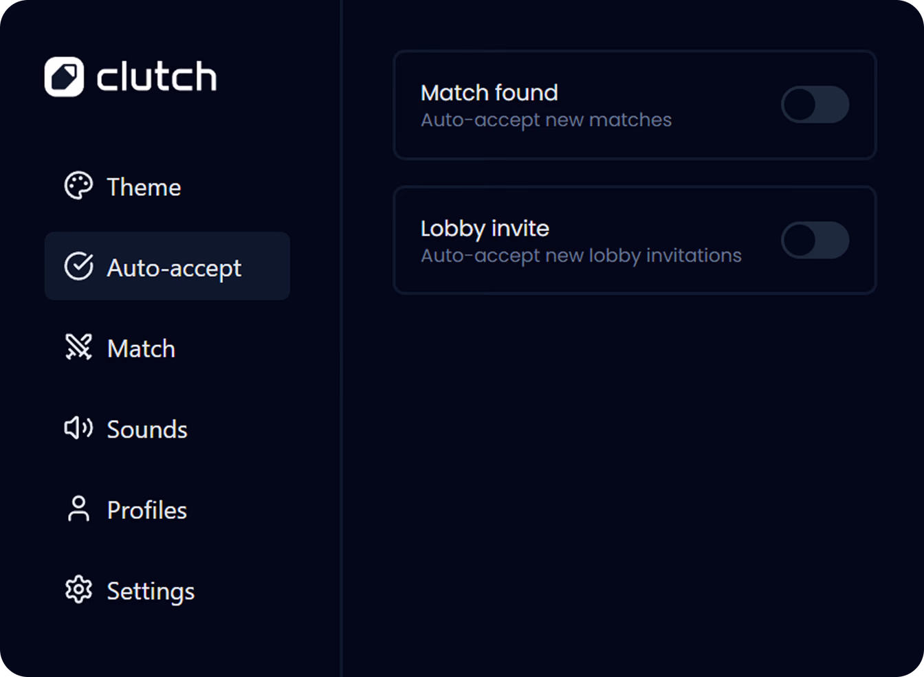 Clutch's settings panel on Renown.gg: auto-accept for found matches and lobby invites